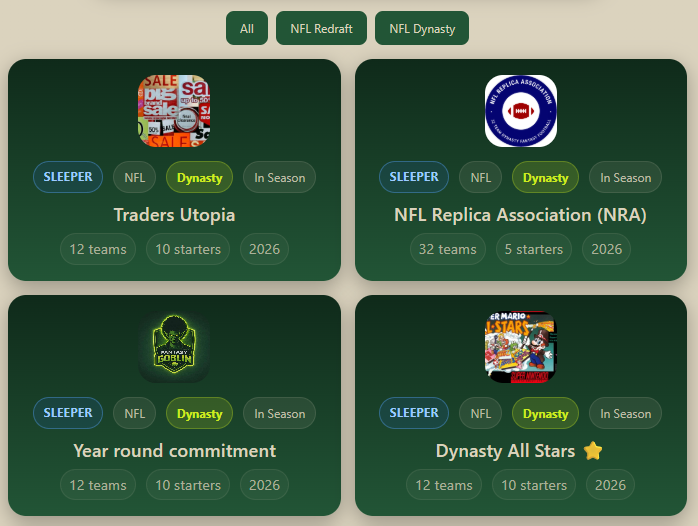 Fantasy Goblin league dashboard with connected rosters